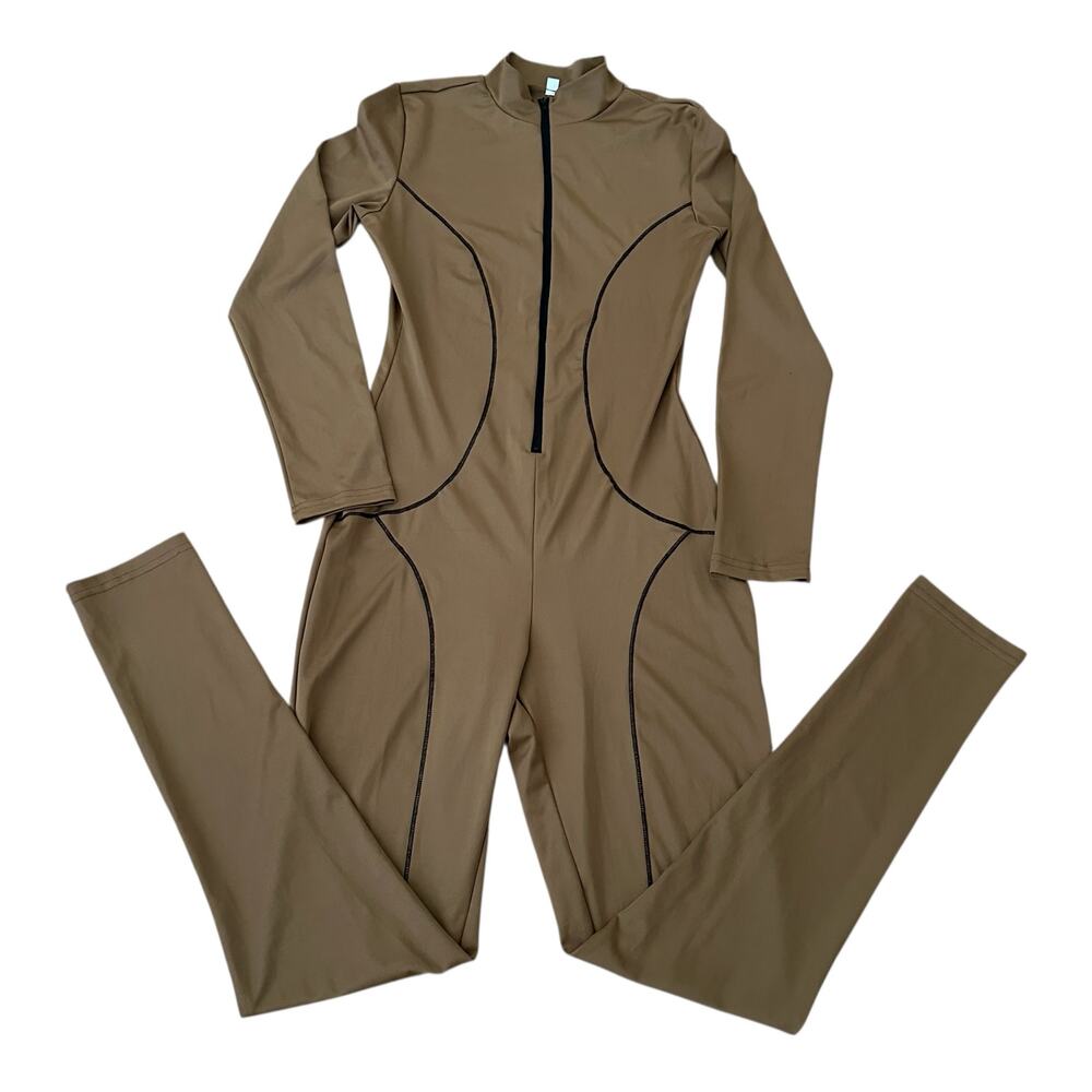 Women Brown Long Sleeve Mock Neck Bodycon Zipper Front Jumpsuit Size M - NWOT - Picture 8 of 8